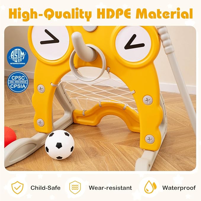 Costzon Toddler Basketball Hoop, 4-in-1 Kids Sports Activity Center with Rim, Soccer Goal, Golf, Ring Toss, Height Adjustable Kids Basketball Hoop with Fillable Base for Indoor Outdoor (Yellow Deer)-CubbioJoy