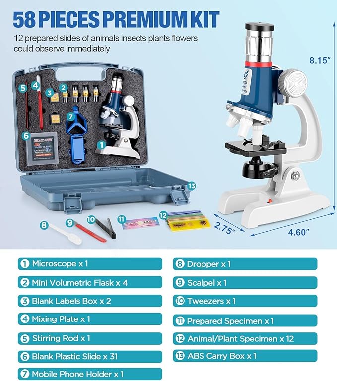 58-Piece Kids Microscope Kit - 100X-1200X Magnification, Metal Body, LED Light, Carrying Box - Science Experiment Toy for Kids Ages 5-12-CubbioJoy