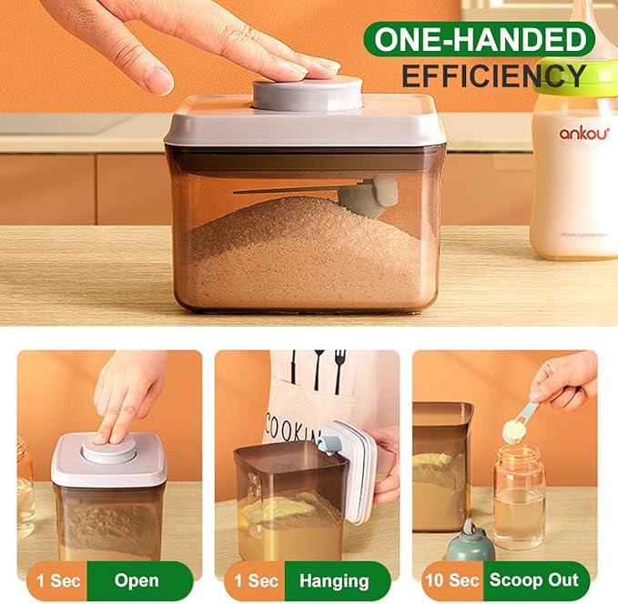 Ankou Airtight Formula Container-1000ml/400g Formula Dispenser with Lids, BPA-Free Food Storage Containers, One Button Handy Milk Powder Dispenser with Scoop and Scraper, Dark Brown-CubbioJoy