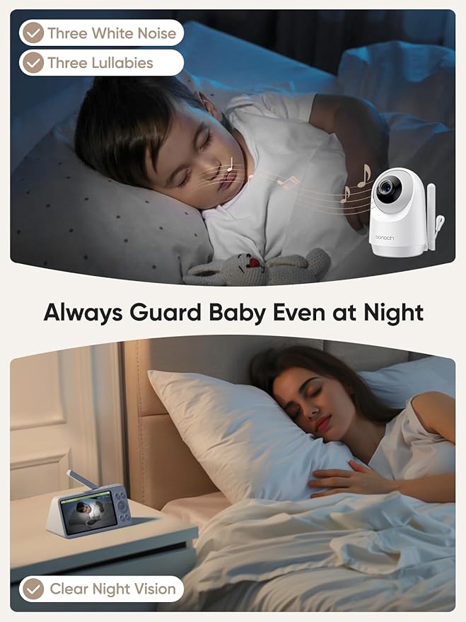 bonoch 5.5" 1440p Baby Monitor with Camera and Audio, No WiFi Baby Camera, 240h Lasting, Smart Detect Sleep Turn Over/Cry/Motion, 7800mAh, Hack Proof Video Monitor, Built-in Sound Machine White Noise-CubbioJoy