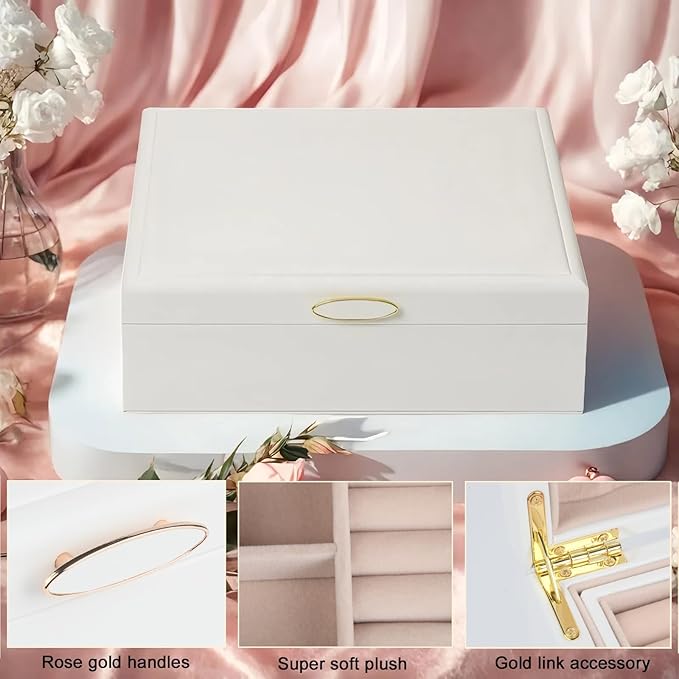Jewelry Box Organizer for Women,White 2 Layer jewelry Stoarge Case,Built in Necklace Hook and Detachable Jewelry Tray,Indoor Jewelry Display Box-CubbioJoy