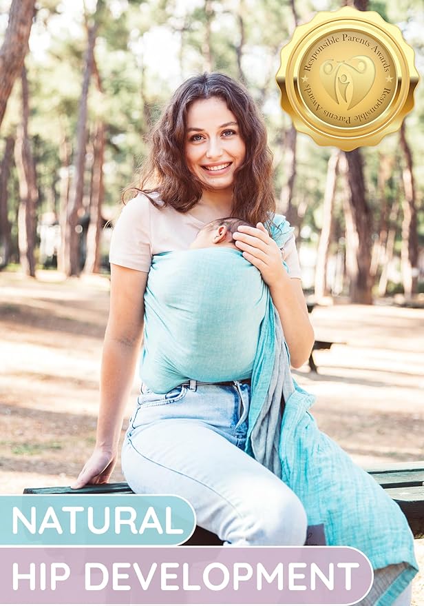 Baby Sling Carrier – Breathable 100% Cotton Wrap for Infant Support, Ring Sling Baby Carrier – Grey Turquoise Adjustable Muslin Fabric – Soft Chest Hold for Travel-CubbioJoy