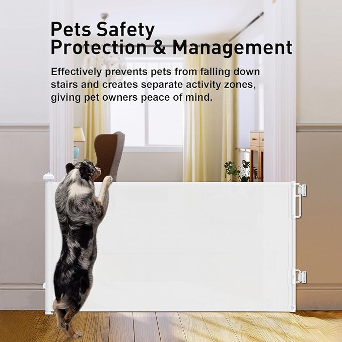 Cumbor 55" Wide Retractable Baby Gates for Stairs, Mom's Choice Award - Mesh Dog Gate for Doorways, Pet Safety Essential Fit for Baseboards, Wide Toddlers Gates for Hallways, Indoor & Outdoor, White-CubbioJoy