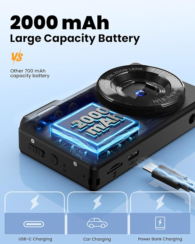 Digital Camera with Front Rear Lens, Autofocus 64MP 4K Camera for Photography with 32GB Card, Portable Compact Point and Shoot Camera for Teens Adult Beginner with Metal Shell, 2000mAh Battery-CubbioJoy