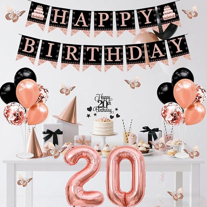 20th Birthday Decorations for Girls Women - 56pcs Rose Gold Happy 20th Banner, 20th Birthday Crown Sash, Cake Topper, Number 20 balloons, 3D Butterflies, 4 Balloon Stands kits-CubbioJoy