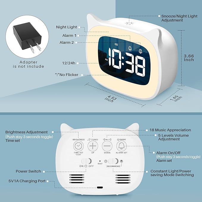 Kids Alarm Clock with Night Light & 18 Ringtones,Rechargeable,Cute Cat Ear Clock for Boys Girls Birthday Presents,Digital Clock for Children's Bedroom(White)-CubbioJoy