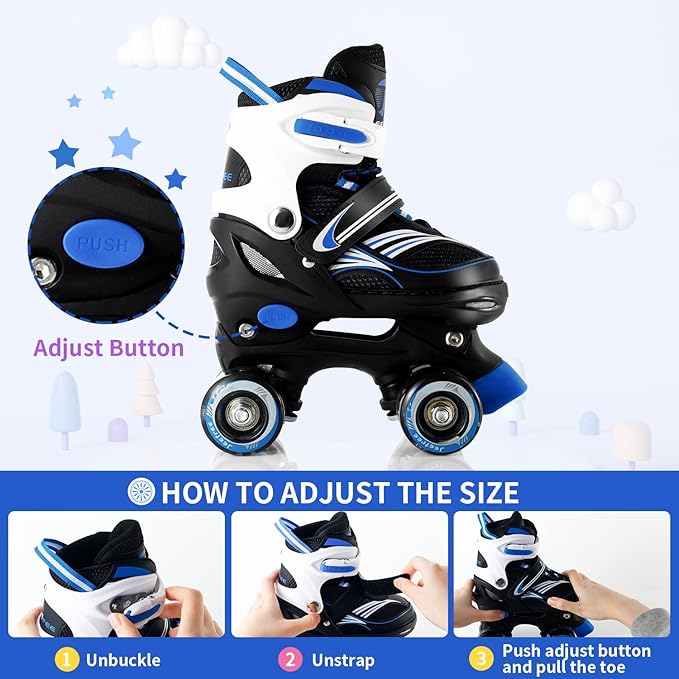 Adjustable 4 Size Kids Roller Skates With Light up Wheels for Girls Ages 5-8-12, Safe and Fun Illuminating Skates for Kids, Toddlers, Boys-CubbioJoy