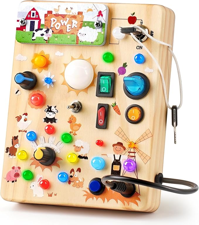 Joyreal Wooden Busy Board with LED Light, Montessori Toddler Toys, Wooden Sensory Board, Toddlers Activity Travel Toys for Boy & Girl Birthday Gift (Farm Theme)-CubbioJoy