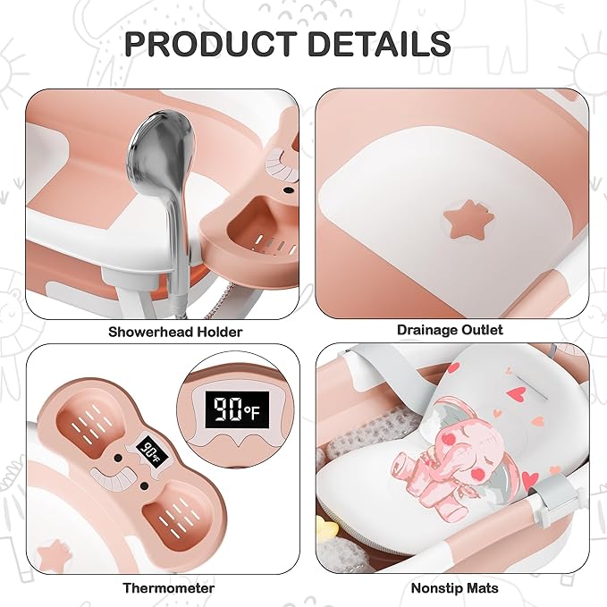 Collapsible Baby Bathtub,Baby Bath Tub with Soft Cushion & Thermometer,Baby Bathtub Newborn to Toddler 0-36 Months,Portable Travel Baby Tub-CubbioJoy