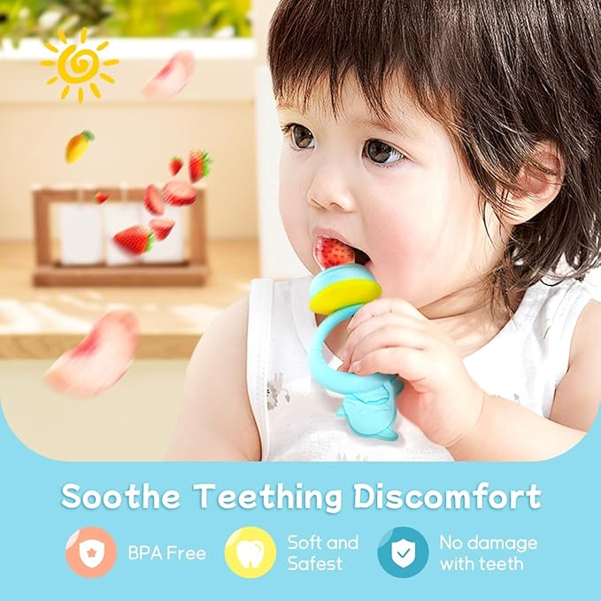 Baby Solids/Frozen Fruit Feeder Pacifier, Infant Teether Toy 4M+, BPA-Free Silicone Pouch & Nipple, Safely Introduce Solids, Teething Relief, 2-Pack (Dolphin - Blue Pink)-CubbioJoy