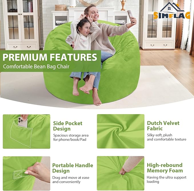 3FT Bean Bag Chair, Comfy Bean Bag Chairs with Memory Foam Filled, Fluffy Beanbag Sofa with Dutch Velvet Cover, Round BeanBag Chairs for Living Room, Playroom - Lime-CubbioJoy