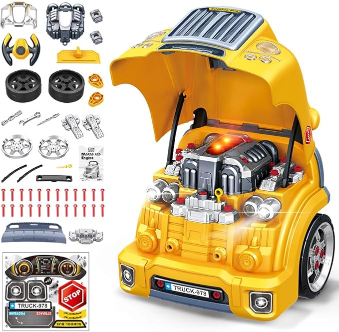 Interactive Truck Engine Toy with Removable Parts - Lights, Sounds, and Fun for Young Mechanics -Unleash Their Creativity and Motor Skills with This Truck Engine Toy (Yellow)-CubbioJoy