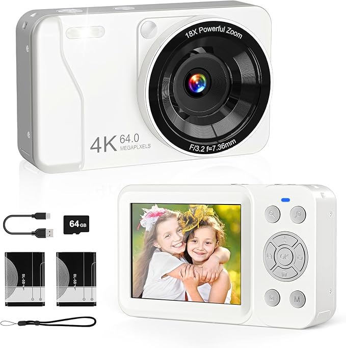 Digital Camera, 4K 64MP, 18X Zoom, Point and Shoot Digital Camera with 64GB TF Card & 2 Batteries, Portable Rechargeable Small Camera for Kids Teens Adult, White-CubbioJoy