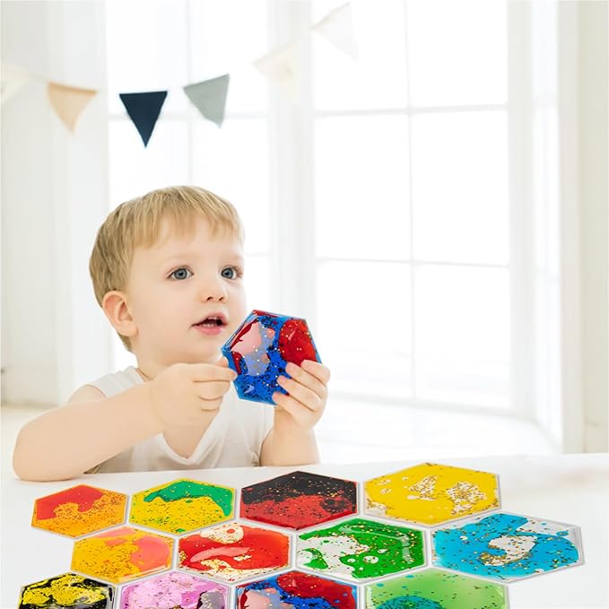 Art3d Hexagon Sensory Fidget Liquid Motion Tiles for Kids, Toddler, Teens - Interactive Soft Gel Liquid Play Mats for Home, Schools, Playrooms, Multi-Pack of 3 Tiles-CubbioJoy