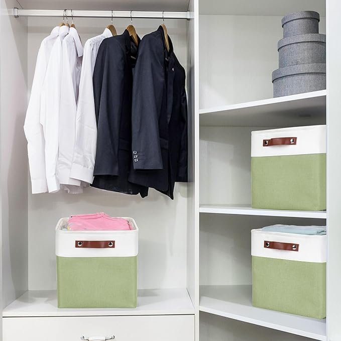 Collapsible Fabric Storage Cubes 11x11 Cube Storage Bins, 4 Pack Closet Baskets Box with Handles for Organizing, Shelf, Toys, Clothes, Home, Office, Nursery (Green&White)-CubbioJoy