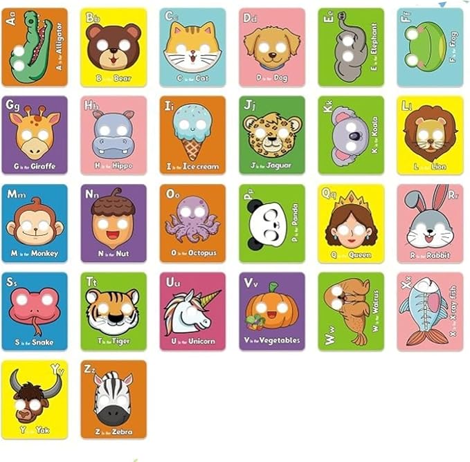Alphabet Mask Cards,26 Pcs Alphabet ABC Flash Cards with Animal Masks,Colorful Giant ABC Animal Flash Cards,Learn Letters,English Phrases Colorful Flashcards for Interactive Educational Games-CubbioJoy