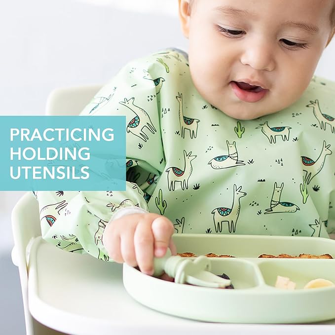 Bumkins Baby Utensils Set, Chewtensils Silicone Spoons for Dipping, Self-Feeding, Baby Led Weaning, Trainer Learning, First Stage Eating, Soft Practice Fork and Spoon, Babies 6 Months, Sage Green-CubbioJoy