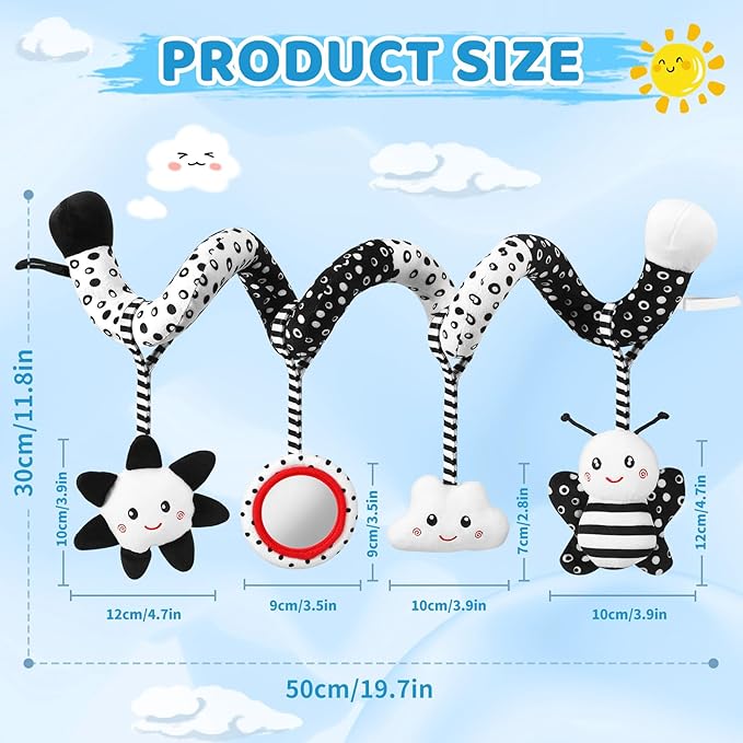 Car Seat Toys Hanging and Stroller Toys for Babies 0-6 Months，High Contrast Baby Toys for Newborn 0 3 Months Brain Development,Black and White Baby Toys for Crib Mobile，Infant Ideal Gift-CubbioJoy
