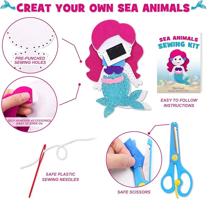 CiyvoLyeen Sea Animals Sewing Kit Mermaid DIY Felt Plush Craft Kit Make Your Own Ocean Animals Gifts for Beginner Boys and Girls Educational Kids Art Craft Supplies Set of 12-CubbioJoy