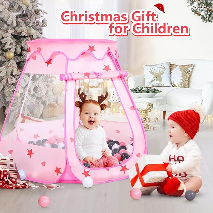 Baby Ball Pit for Toddler with 50 Balls, Kids Pop Up Play Tent for Girls, Princess Toys for Children Indoor & Outdoor Playhouse with Carry Bag (Pink: Pink/White/Gray, 109x90cm/50 Balls)-CubbioJoy