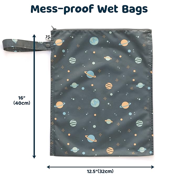 Tiny Twinkle Mess-Proof Waterproof Wet Dry Bag | 2-Pack Reusable Wet Bags for Swimsuits & Baby Clothes | Leakproof Wet Bag for Travel & Diaper Changes for Baby (Space, Ice Blue)-CubbioJoy