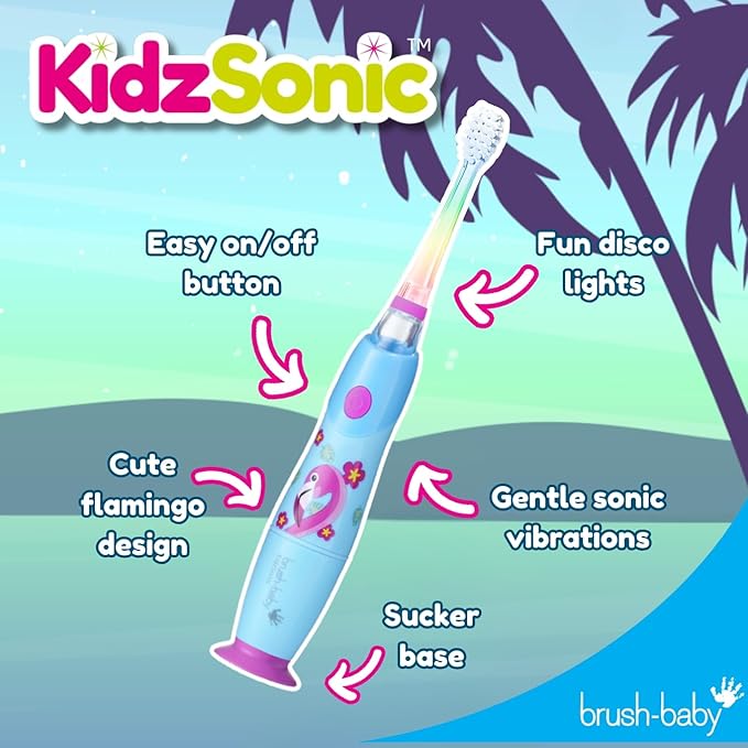 Brush‑Baby - KidzSonic Flamingo Kids Electric Toothbrush for Ages 3+ with Disco LED Lights, Gentle Sonic Vibrations, 2-Minute Smart Timer & 30‑Second Pulse Reminders – AAA Battery Included-CubbioJoy