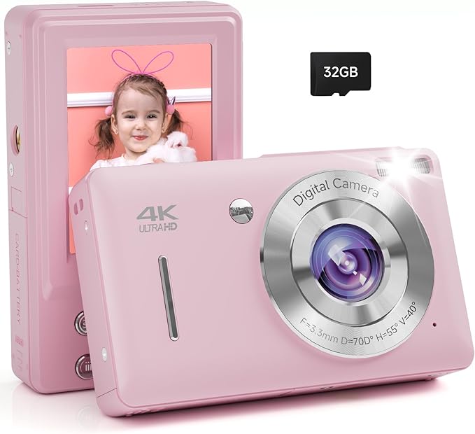 Digital Camera, 44MP FHD 1080P, 16X Zoom, 32GB SD Card, Compact Camera for Kids Teens Adults, Pink-CubbioJoy