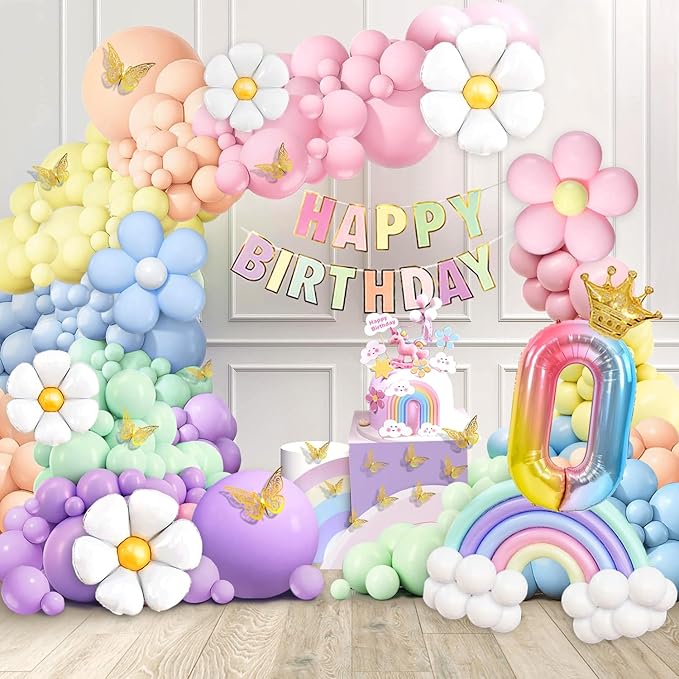 219Pcs Daisy Balloon Arch Garland Kit - Pastel Rainbow Balloons Arch Kit with Daisy Balloons,Banner,Cake Toppers,12 3D Butterfly, for Birthday Party, Baby Shower, Flower Themed Party Decorations-CubbioJoy