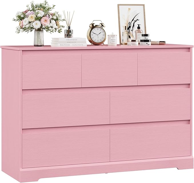Dresser for Bedroom, Modern Pink Dresser, Wood Chest of Drawers Nursery Dressers, with Storage, 7 Drawer Double with Handle Free, Large Storage Organizer for Living Room,Pink-CubbioJoy