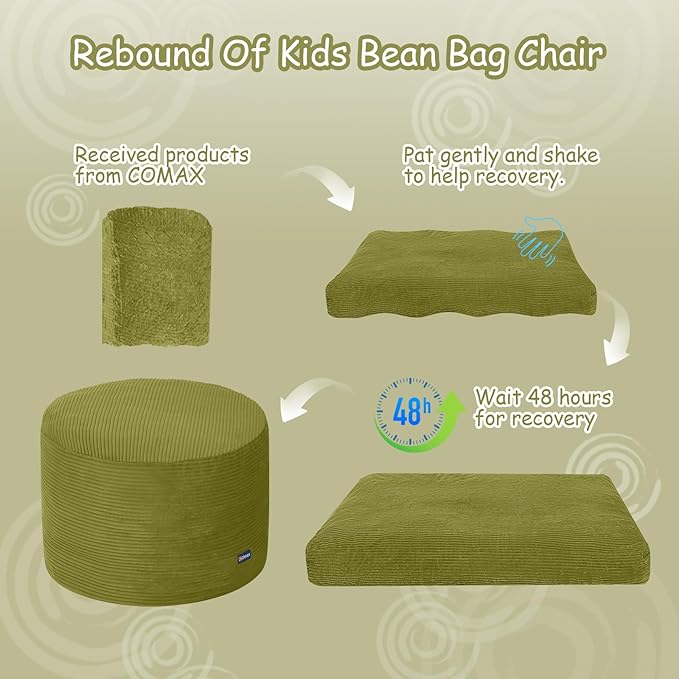 COMAX Kids Bean Bag Chair Turn into Beanbag Bed, Toddler Bean Chair Corduroy for Girl Boy Sleeping, Lazy Children Bean Bags with Filler, Convertible Child Floor Mattress, Light Green-CubbioJoy