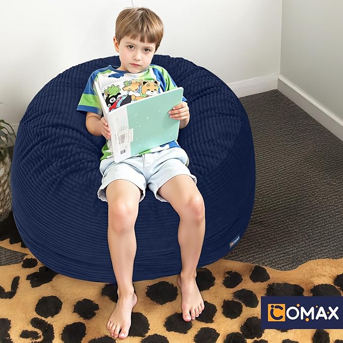 COMAX Kids Bean Bag Chair Turn into Beanbag Bed, Toddler Bean Chair Corduroy for Girl Boy Sleeping, Lazy Children Bean Bags with Filler, Convertible Child Floor Mattress, Dark Blue-CubbioJoy