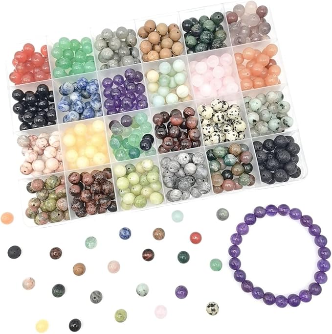 8mm Natural Round Stone Beads About 480pcs Genuine Real Healing Crystal Stones Beading Loose Gemstone DIY for Bracelet Jewelry Making Kit(24 Color A)-CubbioJoy
