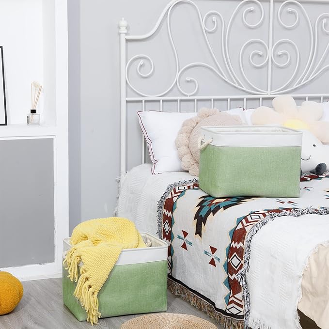 Bidtakay Baskets Fabric Closet Organizer Set of 2 Green Collapsible Storage Bins with Handles 16x12x12 in Large Decorative Tall Baskets for Shelves Nursery Baby Toys Storage Living Room Decor-CubbioJoy