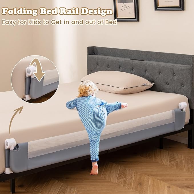 BABY JOY Double Sided Bed Rail Guard, 2 Pack, Extra Long, Swing Down for Convertible Crib, Folding Baby Safety Bedrail for Kids Twin Full Size Queen King Mattress, Rails for Toddlers (Light Gray, 71")-CubbioJoy