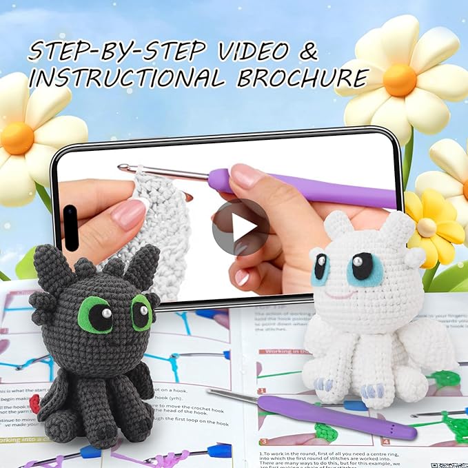 Crochet Kit for Beginners,Beginner Crocheting Animals Kits w Step-by-Step Video Tutorials, Knitting Starter Pack for Adults and Kids,2 Pack Dragon-CubbioJoy
