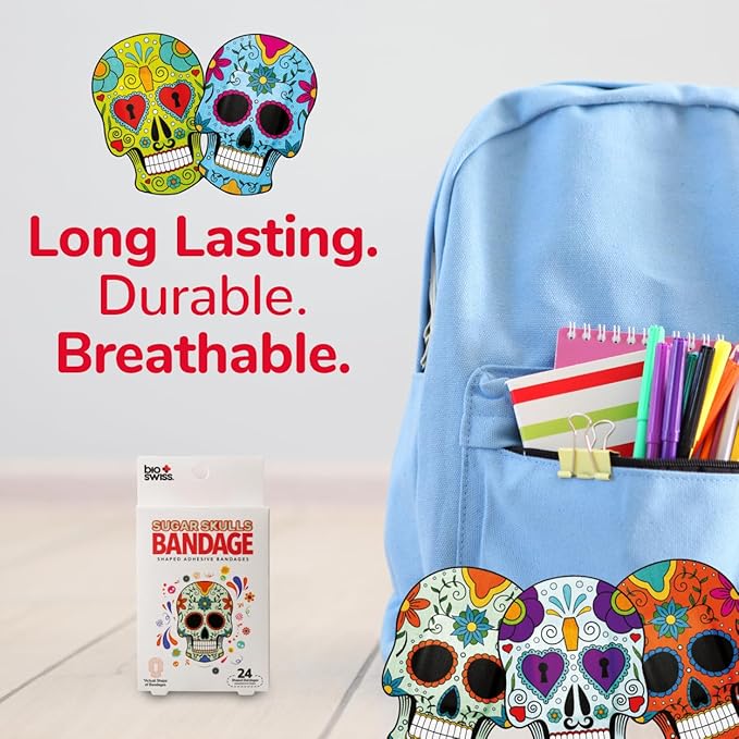 BioSwiss Bandages, Sugar Skull Shaped Self Adhesive Bandage, Latex Free Sterile Wound Care, Fun First Aid Kit Supplies for Kids, 24 Count-CubbioJoy