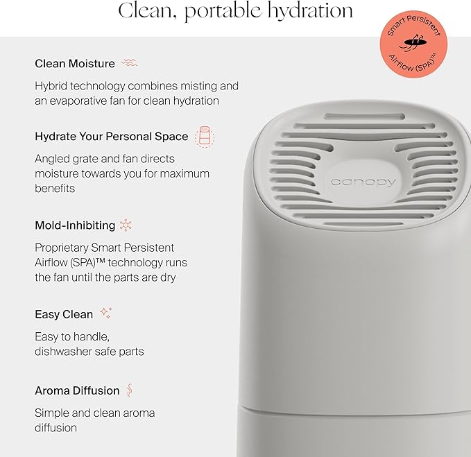 Canopy Portable Misting Humidifier - Cordless 11 HR Run Time, 500 mL, TSA Approved Travel Humidifier - Alleviate Symptoms of Allergies, Flu, Cold, Dry Skin - Includes Aroma & Adapter - Moonstruck-CubbioJoy