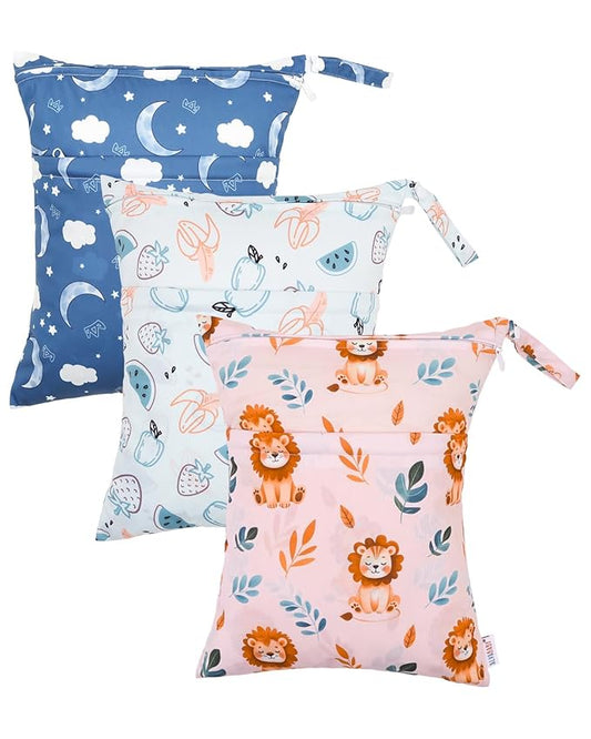 ALVABABY 3 Cloth Diaper Wet Dry Bags Waterproof Reusable with Two Zippered Pockets Travel Beach Pool Daycare Soiled Baby Items Yoga Gym Bag for Swimsuits or Wet Clothes Small Medium Large 3L-ZM29-CubbioJoy