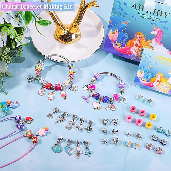 AIPRIDY Charm Bracelet Making Kit,Unicorn Mermaid Crafts Gifts Set Can Inspires Imagination and Creativity,Jewelry Making Kit Perfect Gifts for Girls 5-12 Years Old (84 Pieces)-CubbioJoy