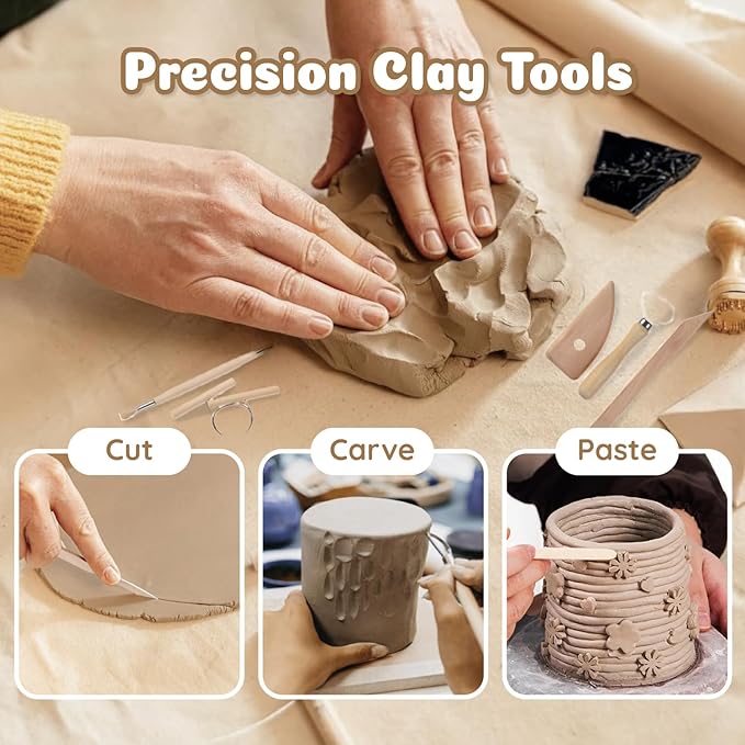 Air Dry Clay for Adults - Pottery kit for Beginne,Air Dry Clay w/Air Dy Clay Tools,White Dry Clay,Sculpting Tools, Gloss Varnish,DIY Plate Making Kit for Arts & Crafts,Christmas Gift-CubbioJoy
