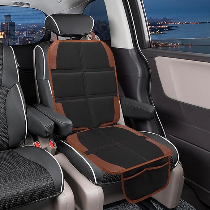 Car Seat Protector for Child, 2 Pack With Mesh Pockets & Non-Slip Backing 600D Durable Under Baby Seat Cover for Back Seat (Dark Brown, Standard)-CubbioJoy