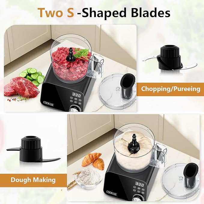 COOKLEE Food Processor, 600 Watts, 6 Functions Electric Food Chopper for Chopping, Mincing, Dicing, Shredding, Slicing, Purees & Dough with 12cup Processor Bowl, Food Chute & Pusher, Black-CubbioJoy