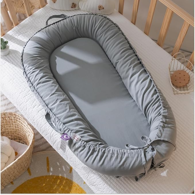 Infant Lounger, Baby Nest Cover for Baby Girls & Boys, Newborn Essentials for Baby 0-12 Months, 100% Cotton Breathable, Co Sleeper Portable Travel Bed (SlateGray, Cotton)-CubbioJoy