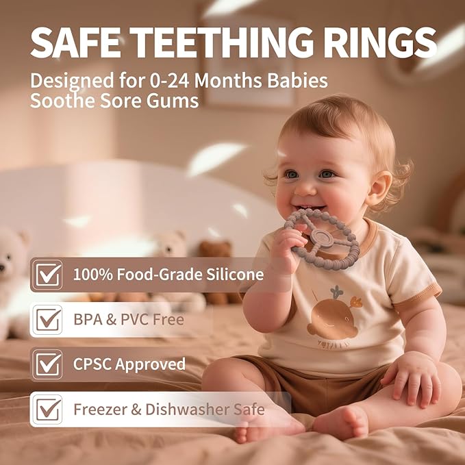 3 Pack Baby Teething Toys 3-6 Months, Silicone Ring Teethers for Babies 6-12 Months, Freezer Safe Chew Toy with Textured Grip for Boys Girls Teething Relief, Infant Easter Gift (Clay DustyRose Brown)-CubbioJoy