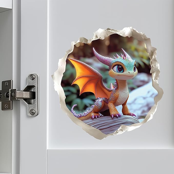 Baby Dragon 3D Wall Decal – Cute Fantasy Sticker with Torn Wall Effect – 4.7W x 4.5H inches-CubbioJoy