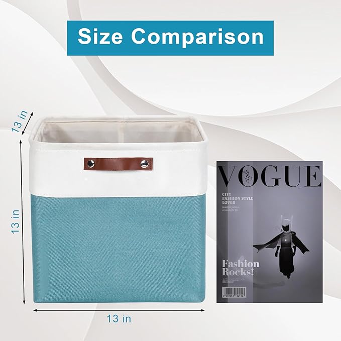13x13 Cube Storage Bins, Collapsible Fabric Storage Box, 4 Pack Closet Baskets with Handles for Organizing, Shelf, Toys, Clothes, Home, Office, Nursery (Teal&White)-CubbioJoy