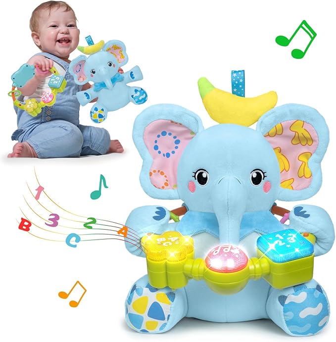 Baby Elephant Musical Stuffed Animals Toy with Light-Up Music & Crinkle,Infant Bilingual Early Learning Education Toys,1st Easter Basket Shower Stuffers for 0-3-6-12+ Months Boy Girl Gifts,Blue-CubbioJoy