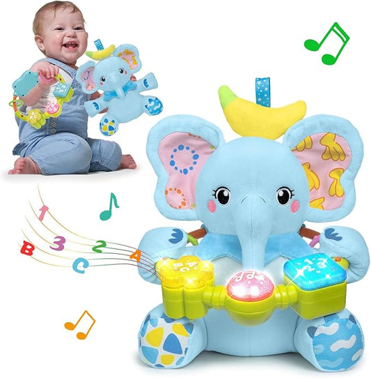 Baby Elephant Musical Stuffed Animals Toy with Light-Up Music & Crinkle,Infant Bilingual Early Learning Education Toys,1st Easter Basket Shower Stuffers for 0-3-6-12+ Months Boy Girl Gifts,Blue-CubbioJoy