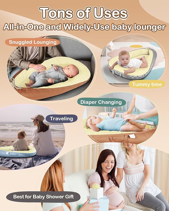 Baby Lounger - Infant Lounger for Newborn 0-24 Months, Pure Cotton Breathable Baby Nest Lounger Cover, Newborn Essentials for Baby Boys & Girls, Portable Baby Lounger for Home and Travel-CubbioJoy