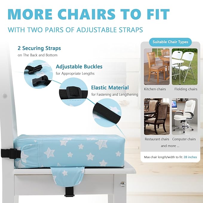 Booster Seat for Kitchen Chair with Adjustable Straps, Toddler Booster Seats for Dining Table Portable for Travel Camping Eating, Booster Cushion for Table for Baby Child Infant Kid Boy Girl-CubbioJoy